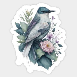 Little Bird around Flowers: Scattered Watercolor in Pastel Colors Sticker